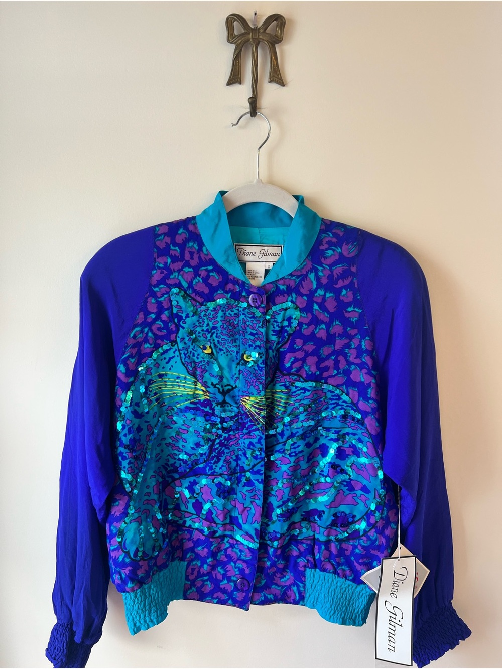 NWT VTG Silk Diane Gilman 3 Pc Set Jaguar Embellished Sequins Jacket Top Pants